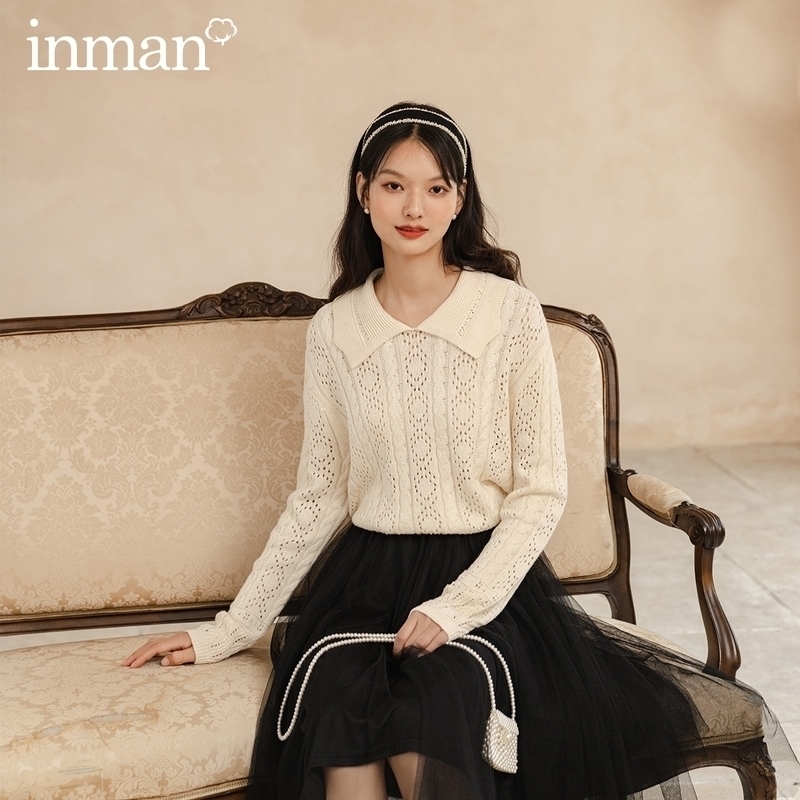 

INMAN Autumn New Arrival Lovely Peter pan Collar Hollowed-out Flower Loose Long Sleeve Sweater Knitwear 201017, Beige