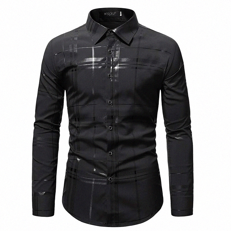 Chemise Hommes à rayures Collier classique Daily Housses à manches longues Mode Business Black Navy Bleu P7qy #