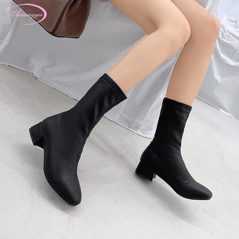 

Casual style comfortable round toe mid-calf boots fashion soft slip-on black medium with thick heel riding boots women's shoes1, Black flock