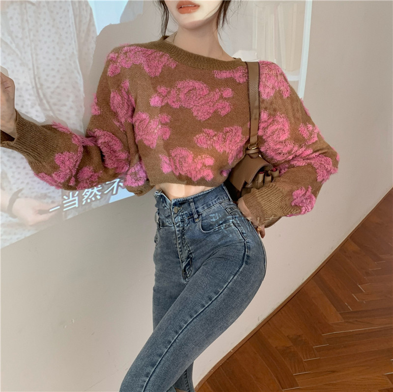 

2021 New Coreano Blusas Projeto Do Vintage Doce Flor Camisola Mulheres Outono Nova Solto Malha Cropped Top Mujer Sueteres WM6U, Black