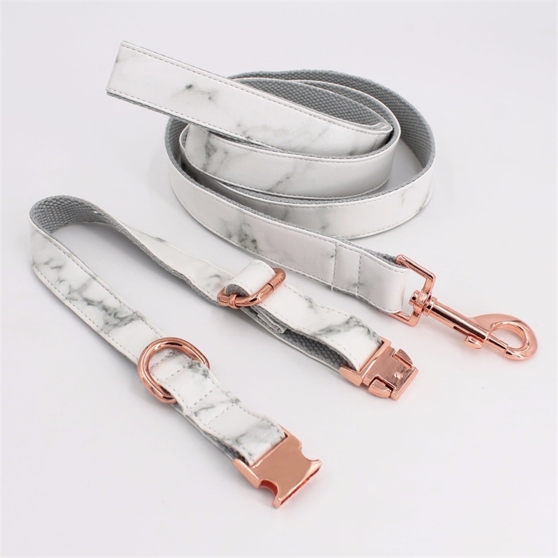 

Marble Dog Collar Personalized Faux Leather Dog Collar Leash with rose metal buckle Y200515