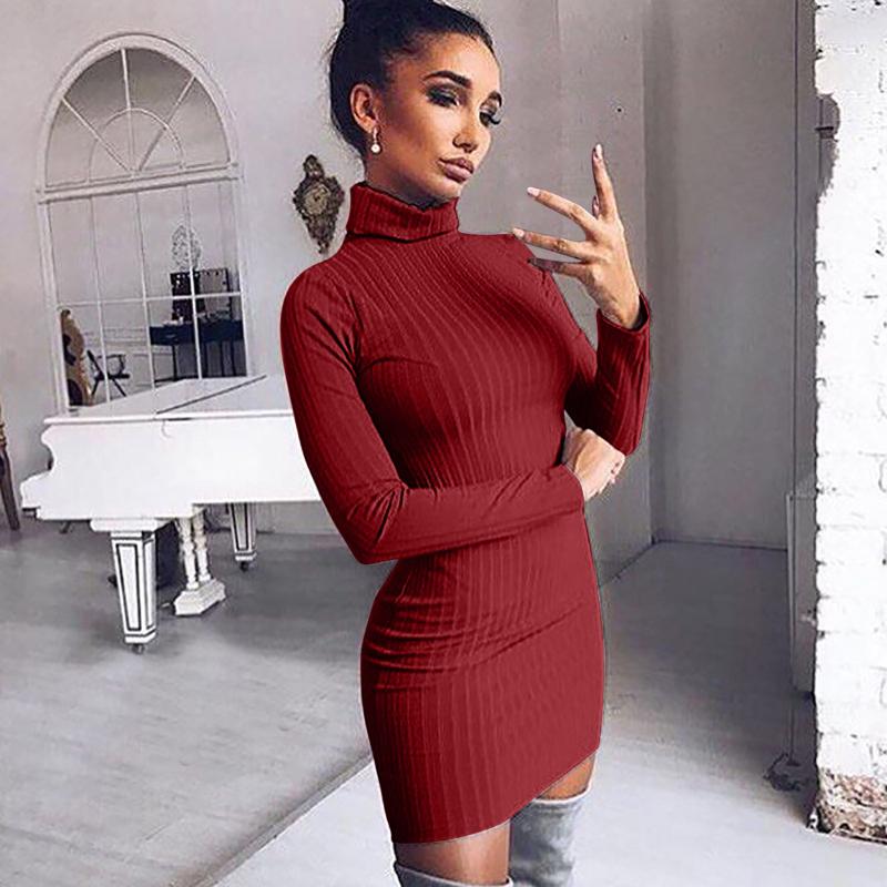 

Fashion Women Solid Long Sleeve Sweater Dress Tight Turtleneck Pullover Dress#.30, Gray