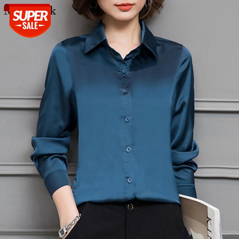 

New Turn-down Collar Women Blouses Long Sleeve Solid Button Office Female Shirts Satin Plus Size Women Blouse Tops Blusa 2245 50 #Eo5K, White