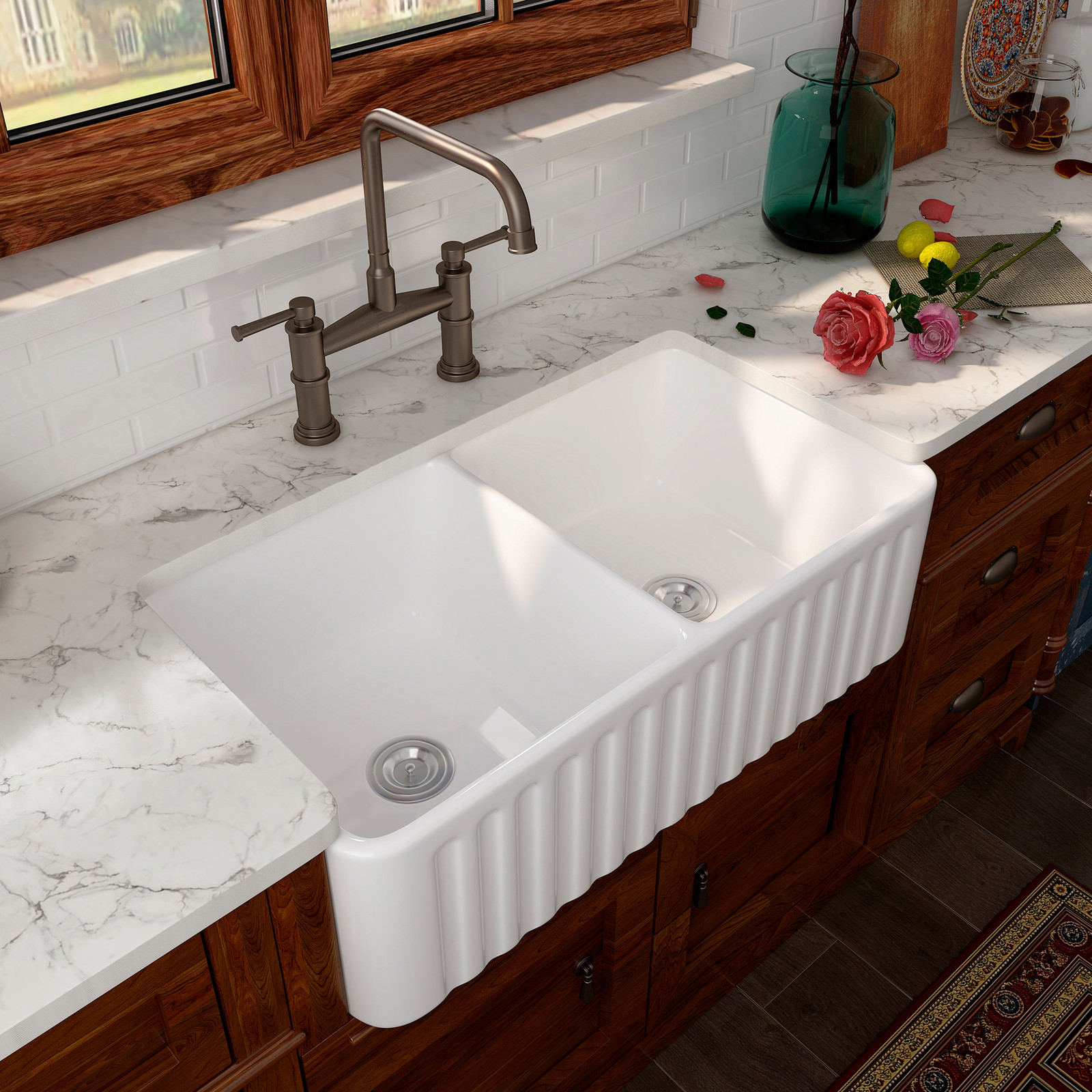 

Europen Nordic Style Rectangular Ceramic Double Basin Kitchen Sink Basin Single Kitchen Sink with Basket Strainer C0121