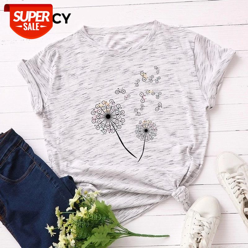 

JFUNCY New Plus Size Women Cotton T-shirt Summer Short Sleeve Female Shirt Creative Bike Dandelion Harajuku Print Woman Tee Tops #zN32, White