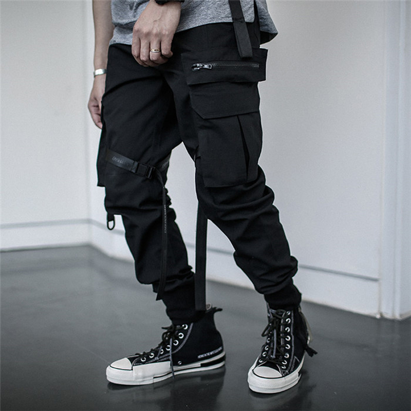 

2021 New Multi-pocket Hip Streetwear Men's Camouflage Joggers Pants Cotton Ribbon Cargo Pant Trousers Elastic Waist Mk81, Black