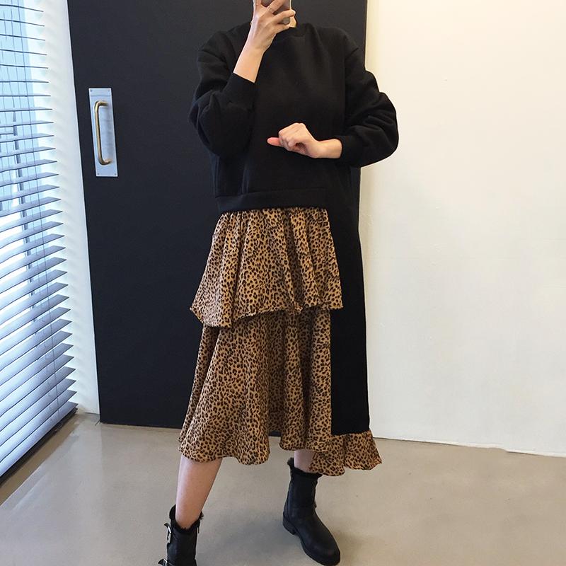 

EWQ] 2021 Spring Female Loose Casual Round Neck Patchwork Leopard Long Sleeve Pleated Cascading Ruffle Sweatshirt Dress 8Q899, Black