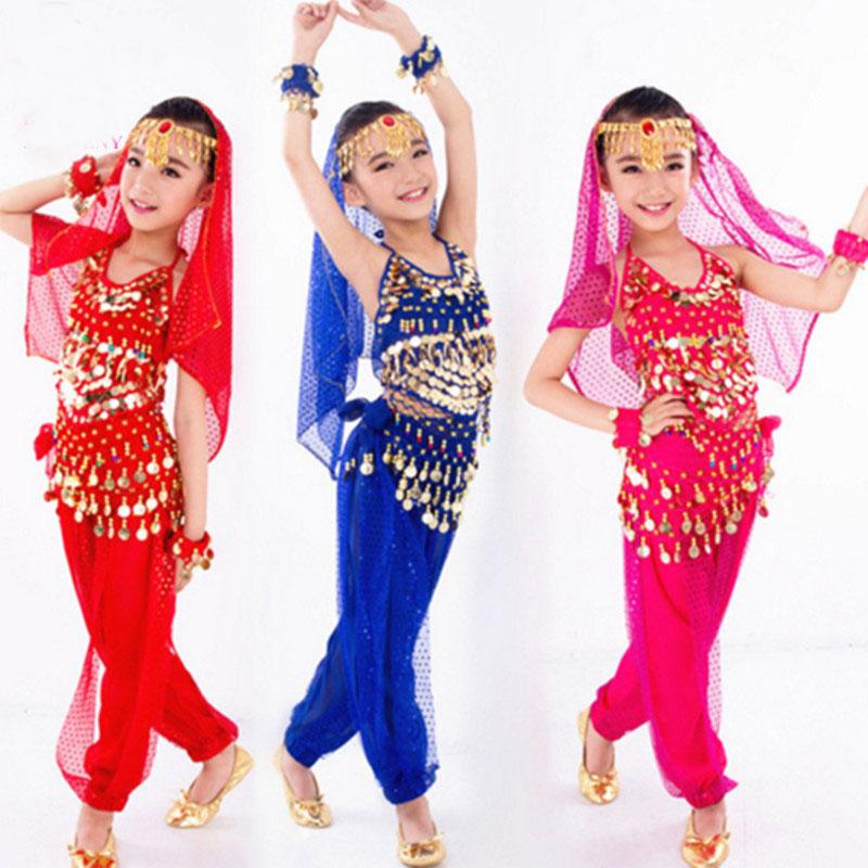

New Handmade Children Belly Dance Costumes Set Kids Belly Dancing Girls Bollywood Performance Costumes Whole Set 6 Colors, 2 piece lake blue