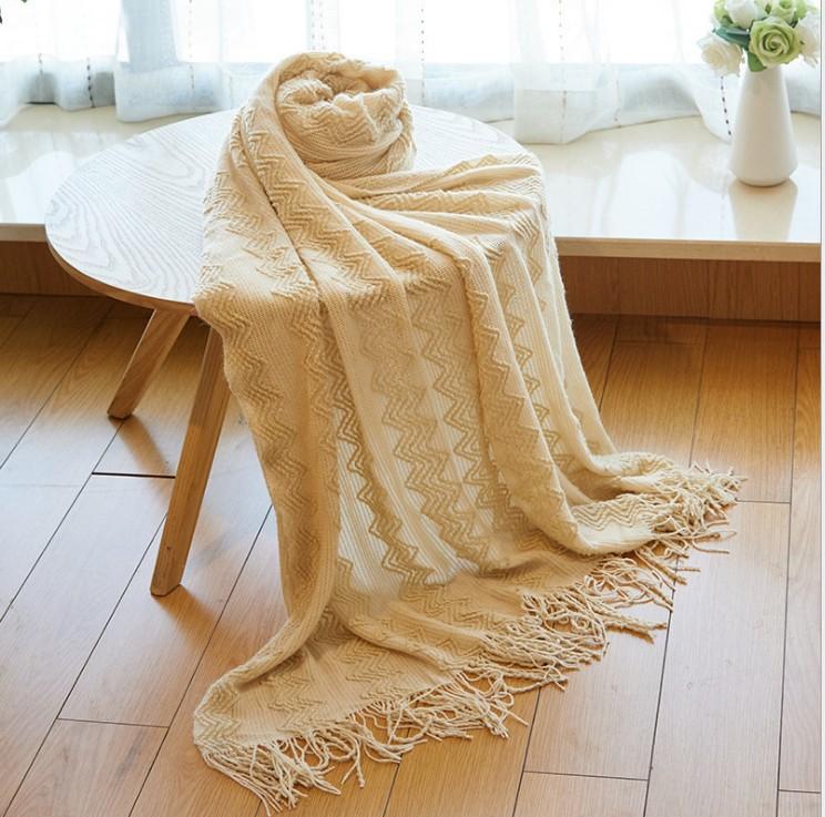 

Beige Knitted Throw Travel Blanket with Golden Thread Grey Khaki Bed Banket Super Soft Blanket Sofa Cover Cool