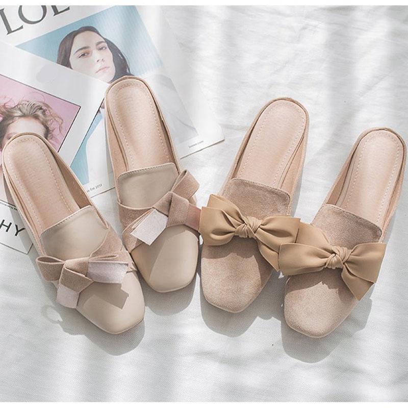 

New Solid Color Baotou Women's Slippers Korean Fashion Bow Slippers Flat With Suede All-match Women's Half Drag, A1