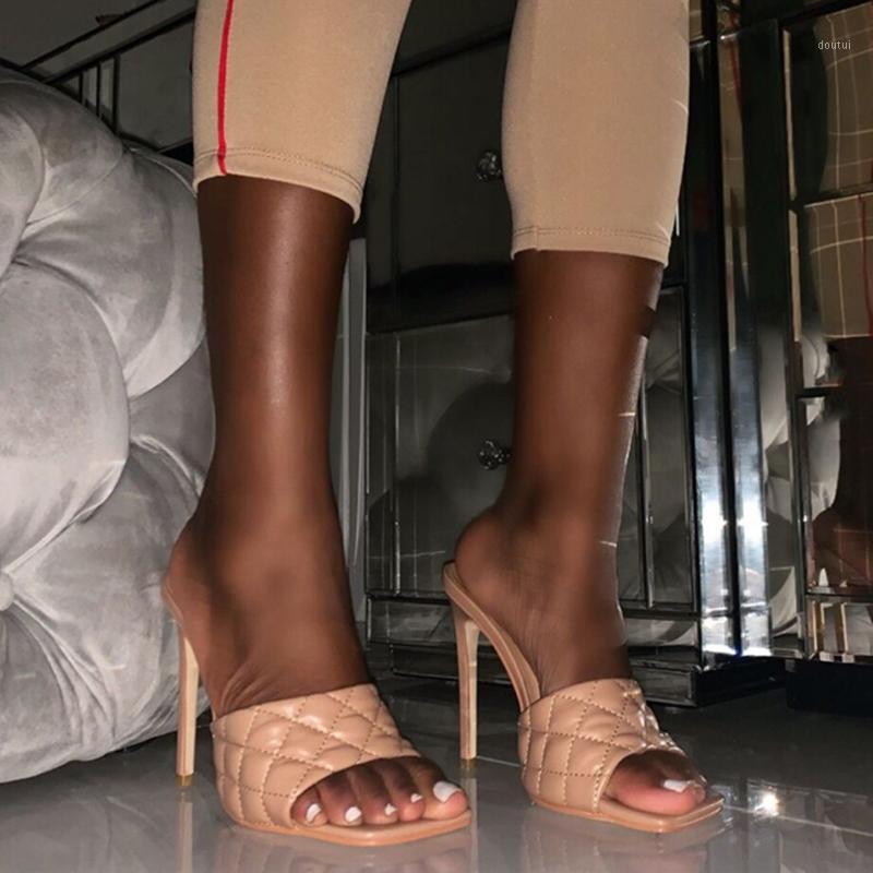 

2020 Women Mules Nude White Slides Lady 11.5cm High Heels Gingham Slippers Sexy Summer Peep Toe Casual Stiletto Shoes1, Black