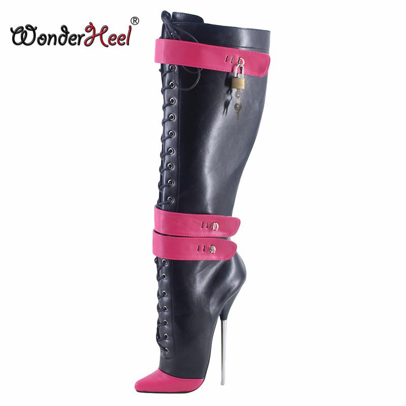 

Wonderheel 2020 New 18cm Stiletto Heel MaLeather Multi Colors Sexy Fetish Locked Padlocks Women Knee High Ballet Shoes, Black and rose red