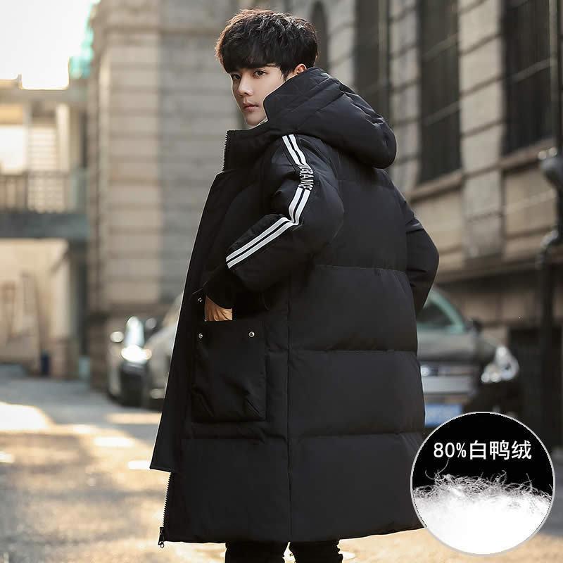

New winter coat thickened warm white duck down work clothes hooded medium length down jacket for men, Black