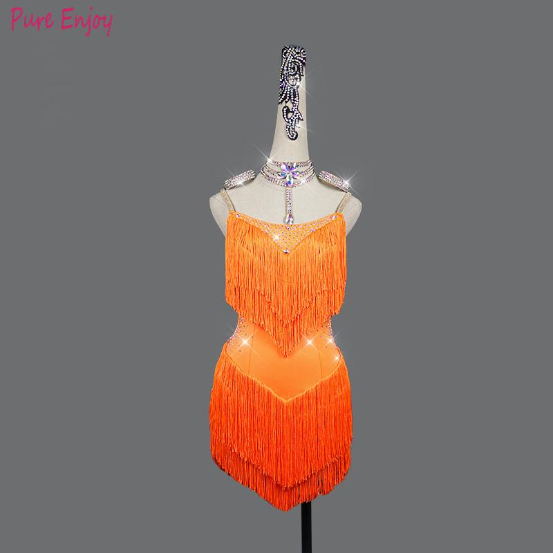 

Custom Made Ballroom Dance Dress Women Latin Dance Competition Dresses Dancewear Children Sling Backless Rhinestone Tassel dress, Orange