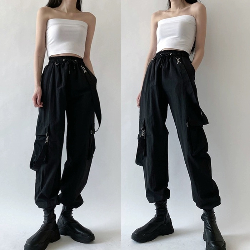 

Women Fashion Harajuku Cargo Pants Black Detachable Strap Trousers Female Elastic Waist Streetwear Pants Plus Zise Casual Pants 201228, Light grey