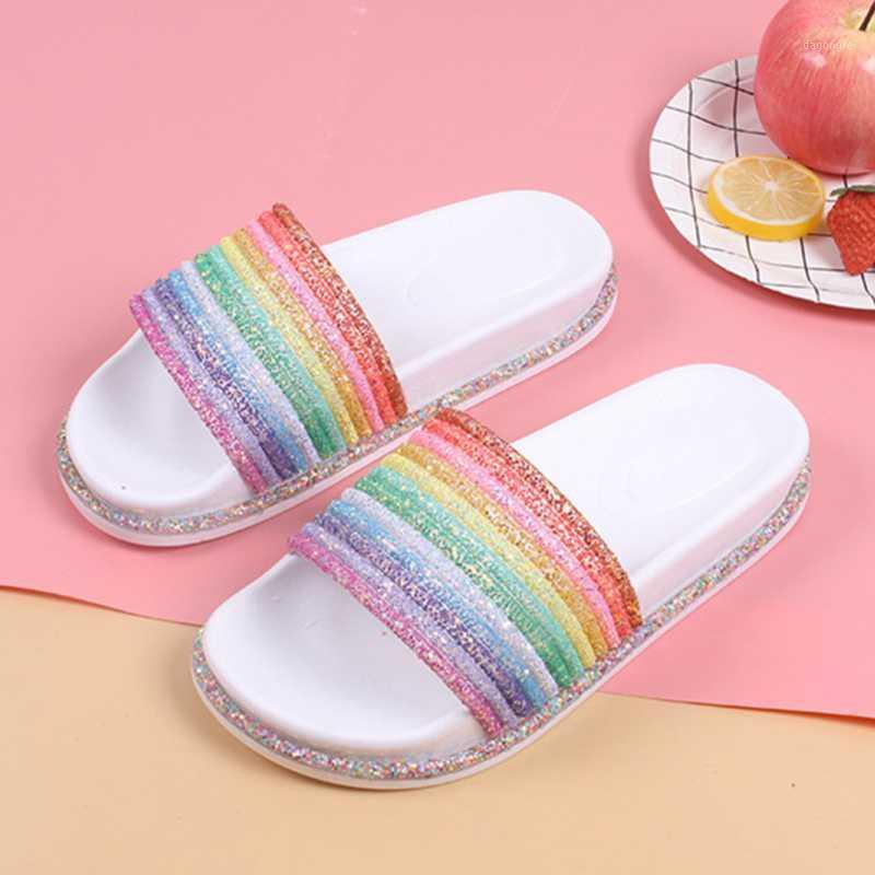

Woman Shoes Rainbow Cute Bath Slippers Wedge Beach Flip Flops High Heel Slippers For Women Black PVC Ladies Shoes Summer1, White