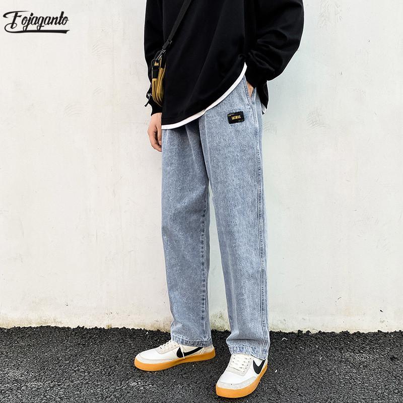 

FOJAGANTO Trendy Brand Men Straight Jeans Men' Trendy Wild Casual Denim Pants Autumn New Washed Wide Leg Jeans Male, Blue