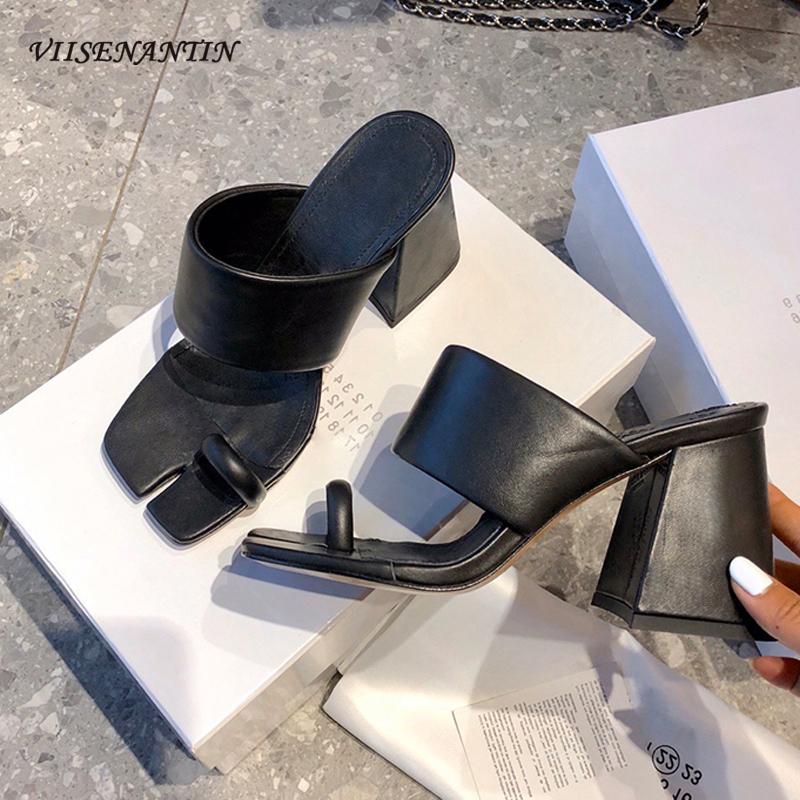 

Trotter Split-toe Shoes High-heeled Leather 2021New Summer Square-toed Thick-heeled Flip-flops Female Outer Wear Fashion Sandals, Black