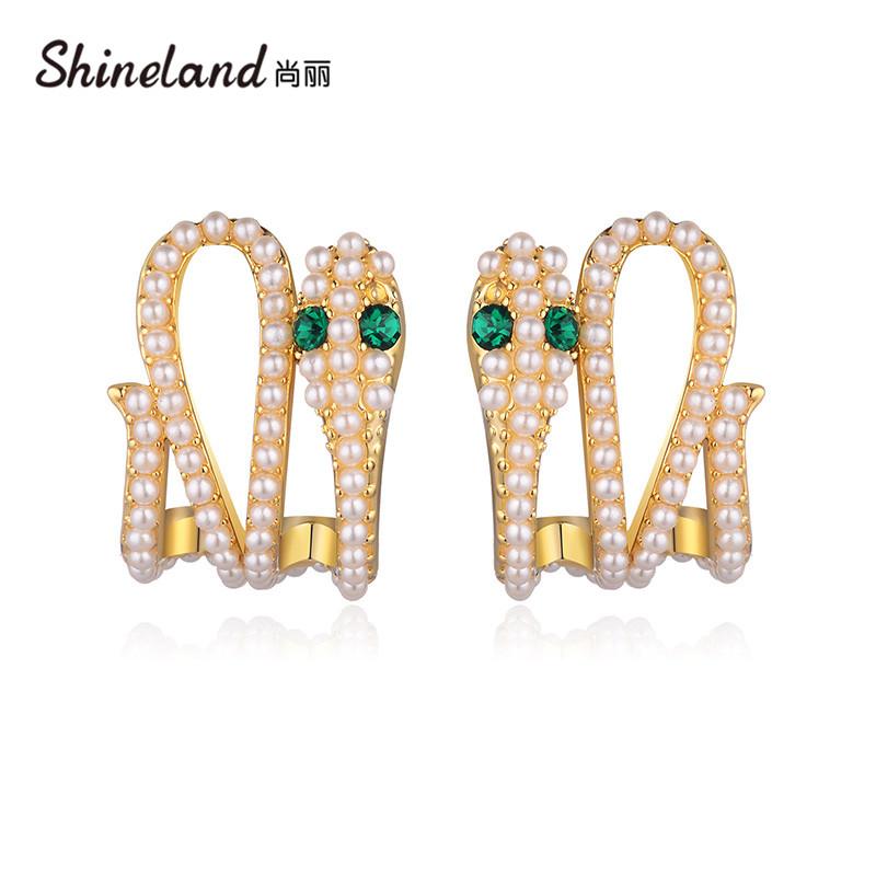 

Shineland New Fashion Animal Snake Stud Earrings Simulated Pearl Green Crystal Brincos High Quality Copper Jewelry Charm Bijoux