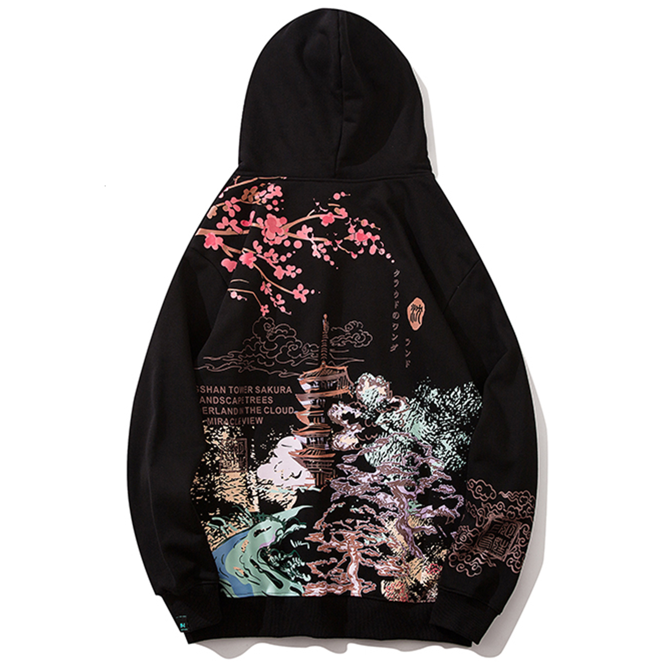 

2021 New Autumn Cherry Blossoms Print Harajuku Hip Hop Streetwear Hoodie Vintage Tower Winter Pullover Men Cotton Fleece Black Hdmb