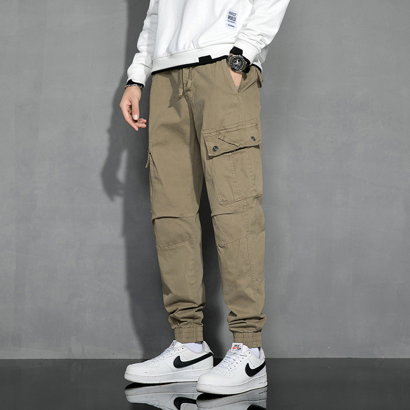 

Pure cotton trendy overalls men 2020 new autumn and winter fashion multi-pocket solid color thick pants tie-leg casual pants