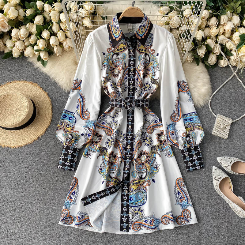 

2021 New Singiny court wind print dress ladies collar puff button the line dressed autumn fashion streetwear short dresses PYBS, White