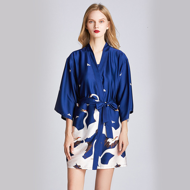 

2021 New Plus Size Summer Short Kimono for Female Print Released Silk Sleepwear Long Sleeve v Neck with Homewear Stripes Kf46, Blue 2
