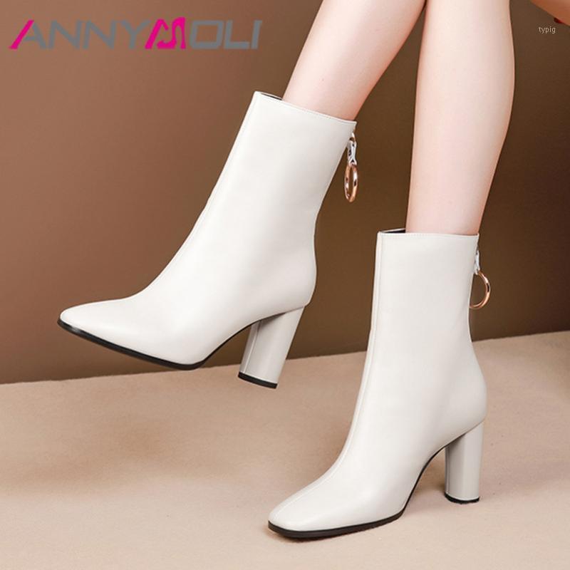 

ANNYMOLI Winter Ankle Boots Women Natural Genuine Leather Chunky High Heel Short Boots Zipper Square Toe Shoes Female Size 34-391, Beige