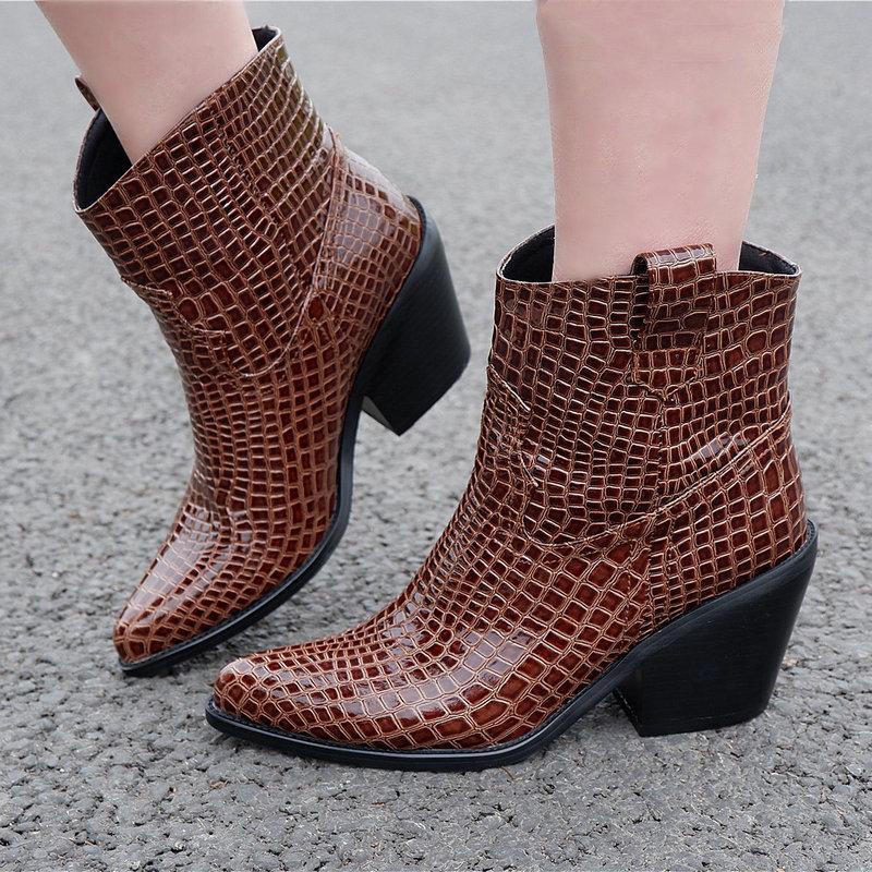 

Print Cowboy Ankle Boots thick High Heel Women Boots Faux Leather Western Cowgirl large size 41 42 43, Beige
