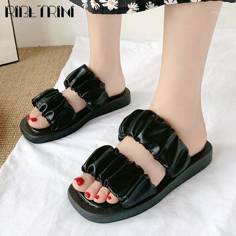 

RIBETRINI Elegant Rufless Shoes Hot Sale Summer Sweet slip-on Flat Women Slides 2020 Low Heel Summer Casual Slides1, White