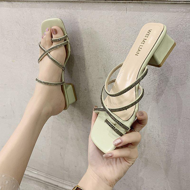 

Mid Heel Slippers Women Shoes Summer Clip Toe Slippers Shiny Crystal Narrow Band Chunky Heel Sandals Women Sandals 20201, Yellow