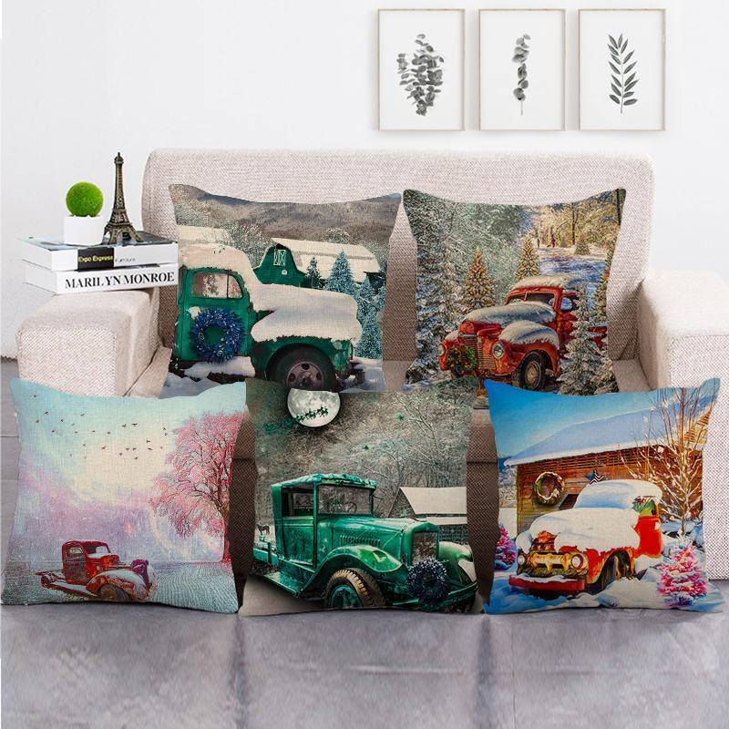 

45cm*45cm truck in the snow and christmas tree design linen/cotton throw pillow covers couch cushion cover home decor pillow1, 18
