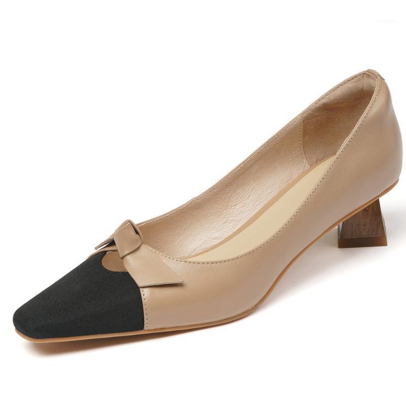 

Women's genuine leather black toe patchwork slip-on pumpe kitten heel pointed toe bow tie elegant ladies style daily shoes1, Nude