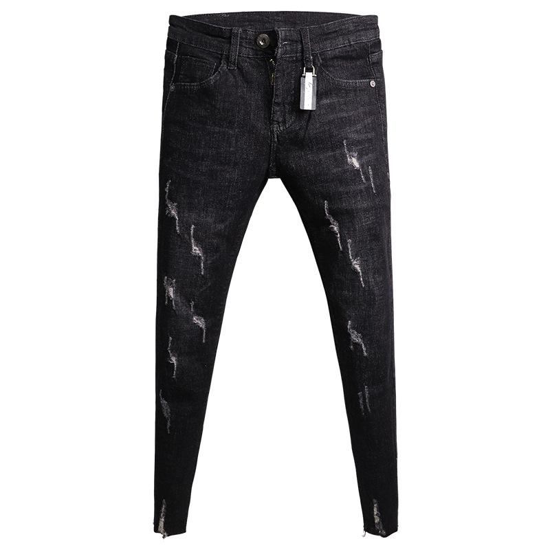 

Whole 2020 Fashion Denim Cropped trousers ripped hole social spirit guy skinny jeans men's slim pencil pants small feet, Black