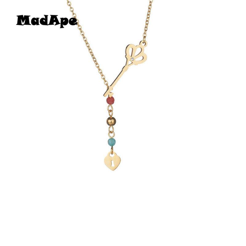 

MadApe Lock And Key Pendant Necklace Stainless Steel Gold Color Choker Necklace For Women Sweater Chain Jewelry For Couple Gift