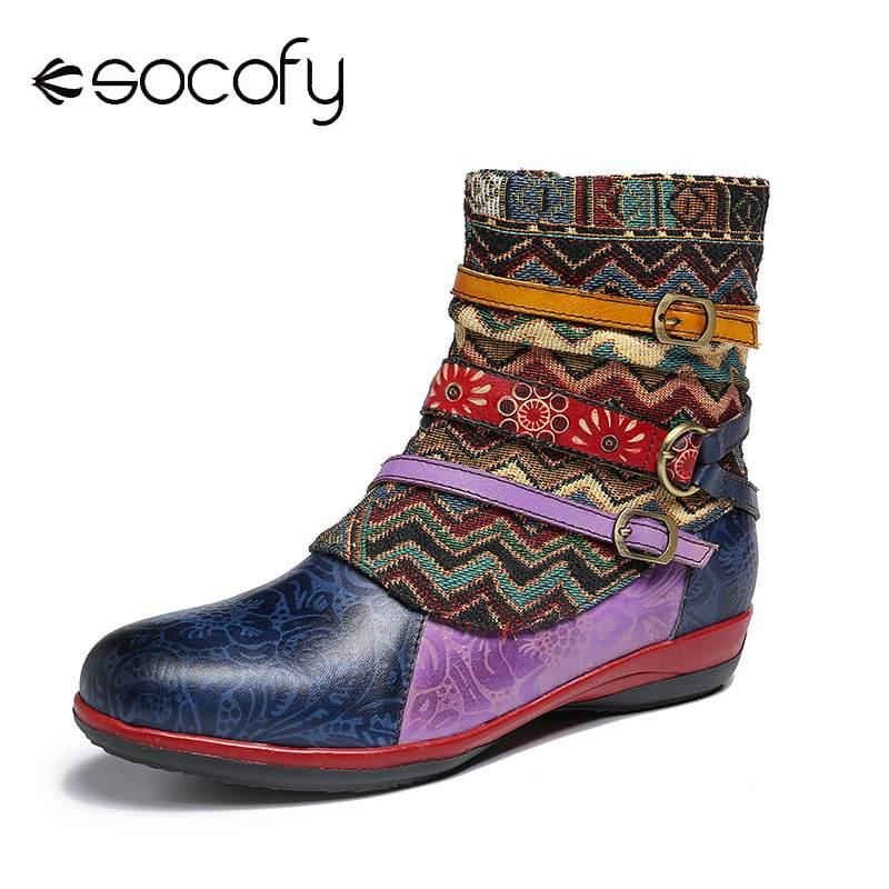 

SOCOFY Multicolored Straps Boots Soft Genuine Leather Stitching Flat Ankle Boots Elegant Ladies Shoes Women Botines Mujer 2020, Blue