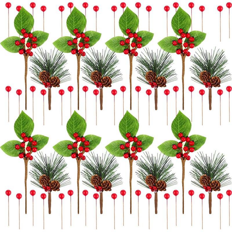 

New 120 Pieces Artificial Pine Picks Berries Christmas Berries Bunch with Leaves Faux Cranberries Bunch for Wreath Xmas Tree, Red green