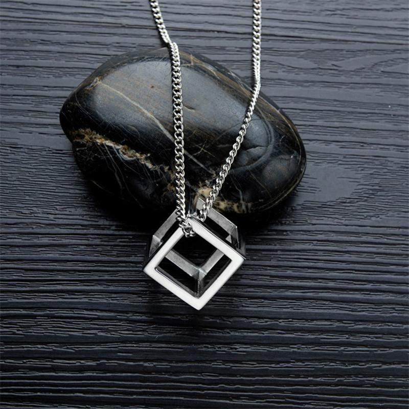 

Pendant Necklaces Cube Collar Geometric Hollow Square Necklace For Men Women Harajuku Street Hip Hop Jewelry Fashion Long Chain, Silver