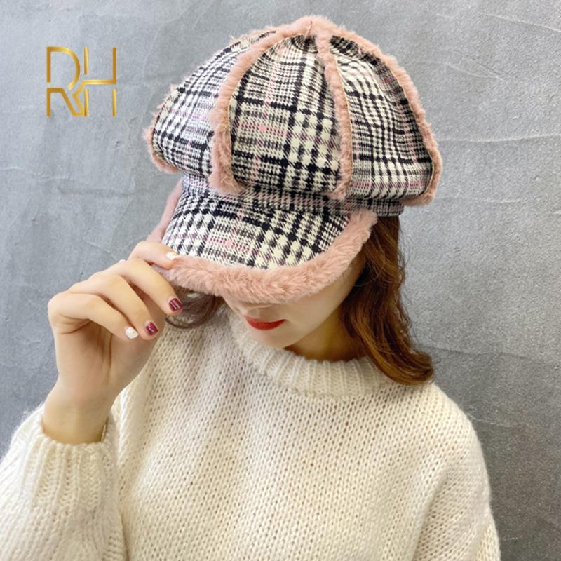 

Autumn Winter Beret Hat Casual Octagonal Cap Women's Flat Patchwork Caps Retro Velvet Newsboy Hat Plaid Beret Cap Casquette, Black
