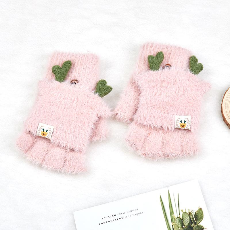

Women Flip Half finger Plush Thick Cute Cartoon Cat Claw Touch screen Driving Gloves Winter Warm Soft Fur Knit Mitten I37