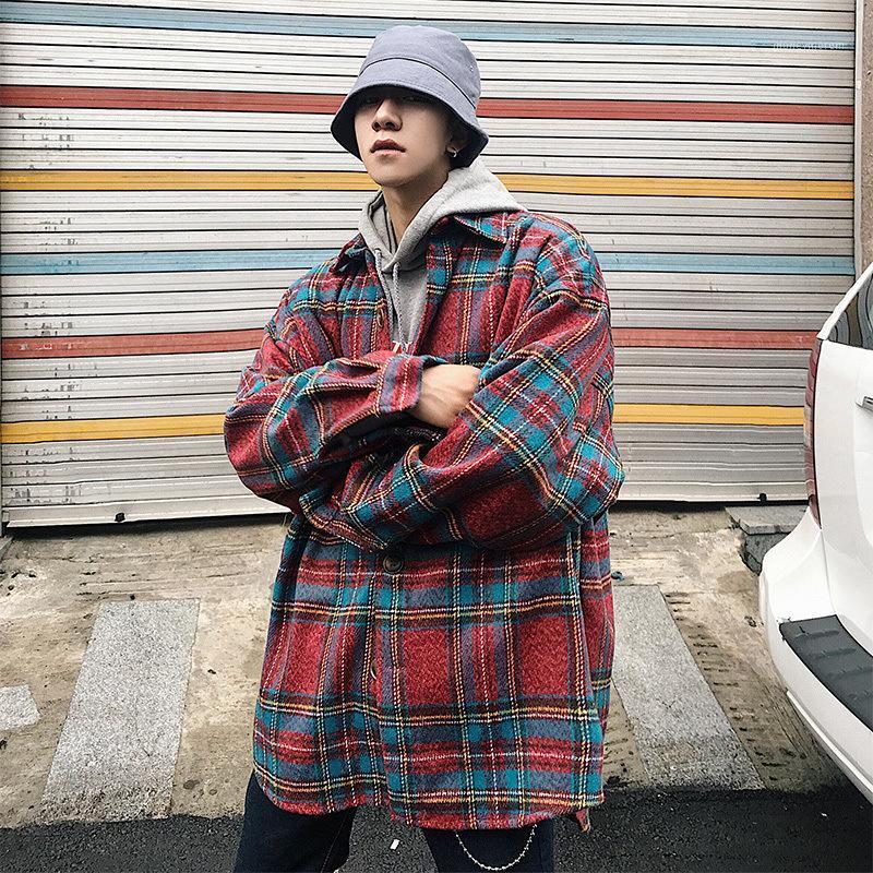 

Men Streetwear Plaid Wool Coats 2020 Mens Harajuku Vintage Korean Style Jackets Coats Male Hip Hop Jackets Windbreaker1, Red