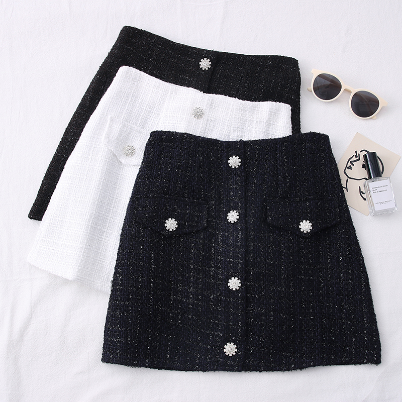 

2021 New new fashion all-match small fragrance wind bright silk tweed high waist slim single-breasted diamond button skirt XPGY, Black