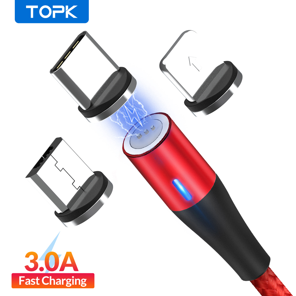 

TOPK AM60 3A 3rd Generation Fast Charging LED Magnetic Micro USB Type C Cable for Phone 11 X 8 7 USB Data Charging USB C Cable, Black