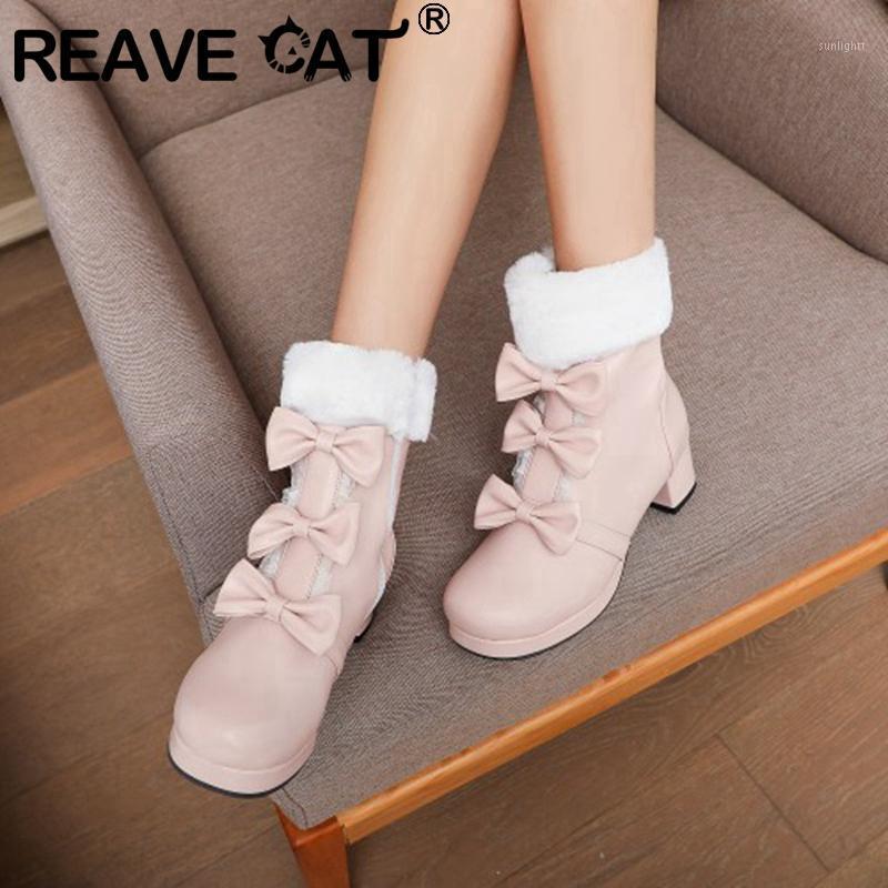 

REAVE CAT New Fur Ladies Ankle Boots Sweet Cosplay Lolita Uniform Round Toe 5cm Square Heels Zip Bowtie Colorful Size 48 A32941, Black velevet