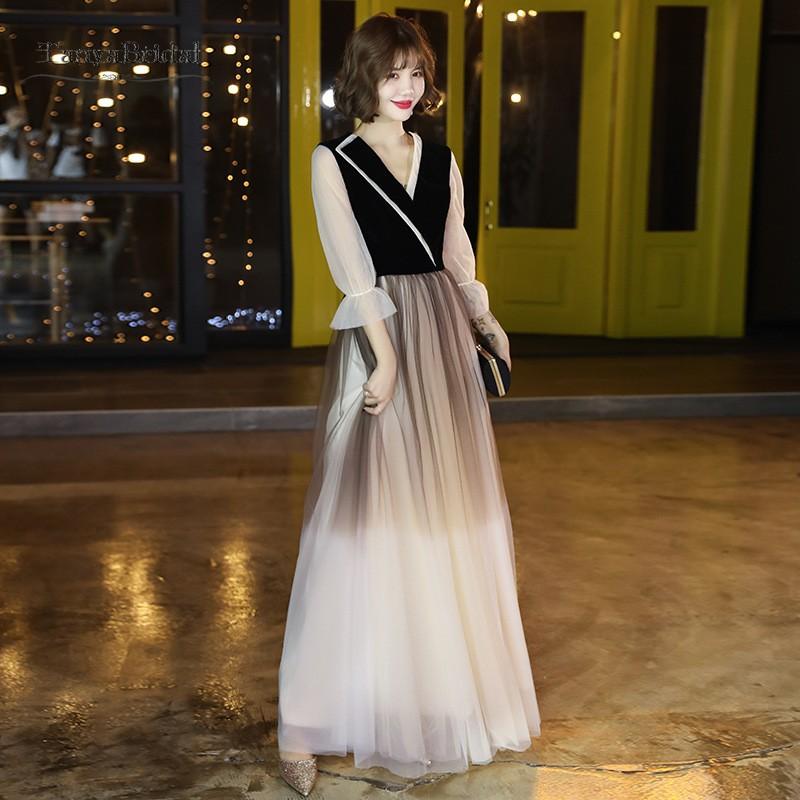 

Prom Dresses 2020 Long Sleeves V Neck Gradient A Line Tulle Formal Evening Dress vestidos de fiesta de noche largos elegantes nu