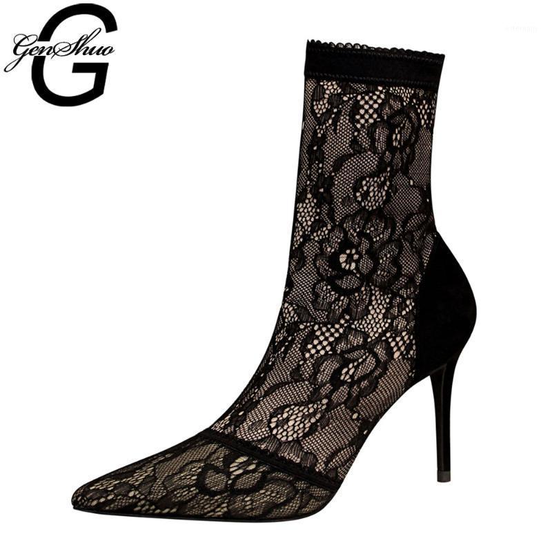 

GENSHUO 2020 Spring Fashion Women Boots Black Pointed Toe Elastic Ankle Boots Heels Shoes Autumn Summer Female Sexy Socks1, Black heels