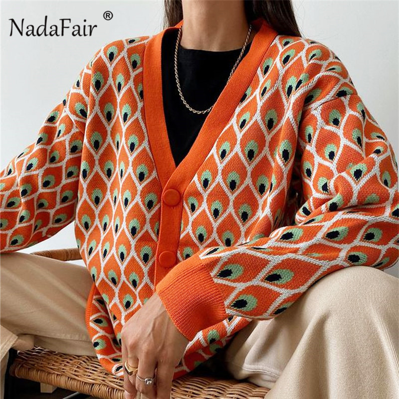 

Nadafair Patterned Winter Cardigan Women Loose Autumn Fashion Y2K Overised Sweater Casual Geoetry Knitted Cardigan Femme Coat, Orange