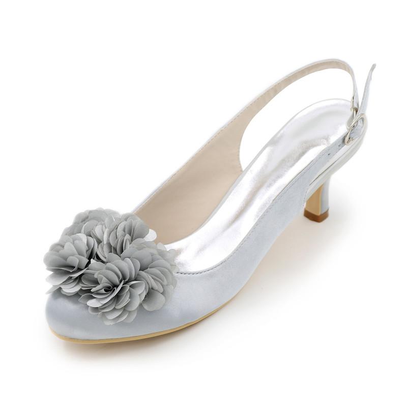 

OnnPnnQ Kitten Heels Satin Flower Wedding Shoes Women Round Toe Back Buckle Strap Heeled Prom Evening Bridal Party Dress Pumps, White