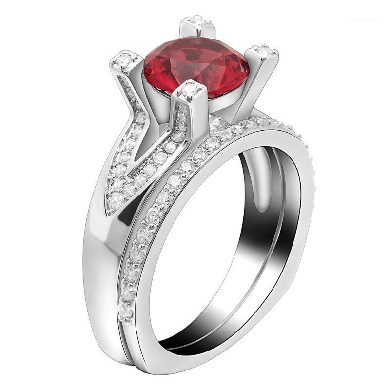 

Wedding Rings White Gold Ring Set For Women Rhodium Plated Princess Lady Jewelry Gift Engagement Pave Round Colorful Stone, Slivery;golden