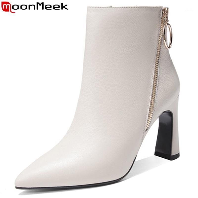 

MoonMeek 2020 new genuine leather boots pointed toe zip ladies ankle boots classic prom autumn winter women1, Black